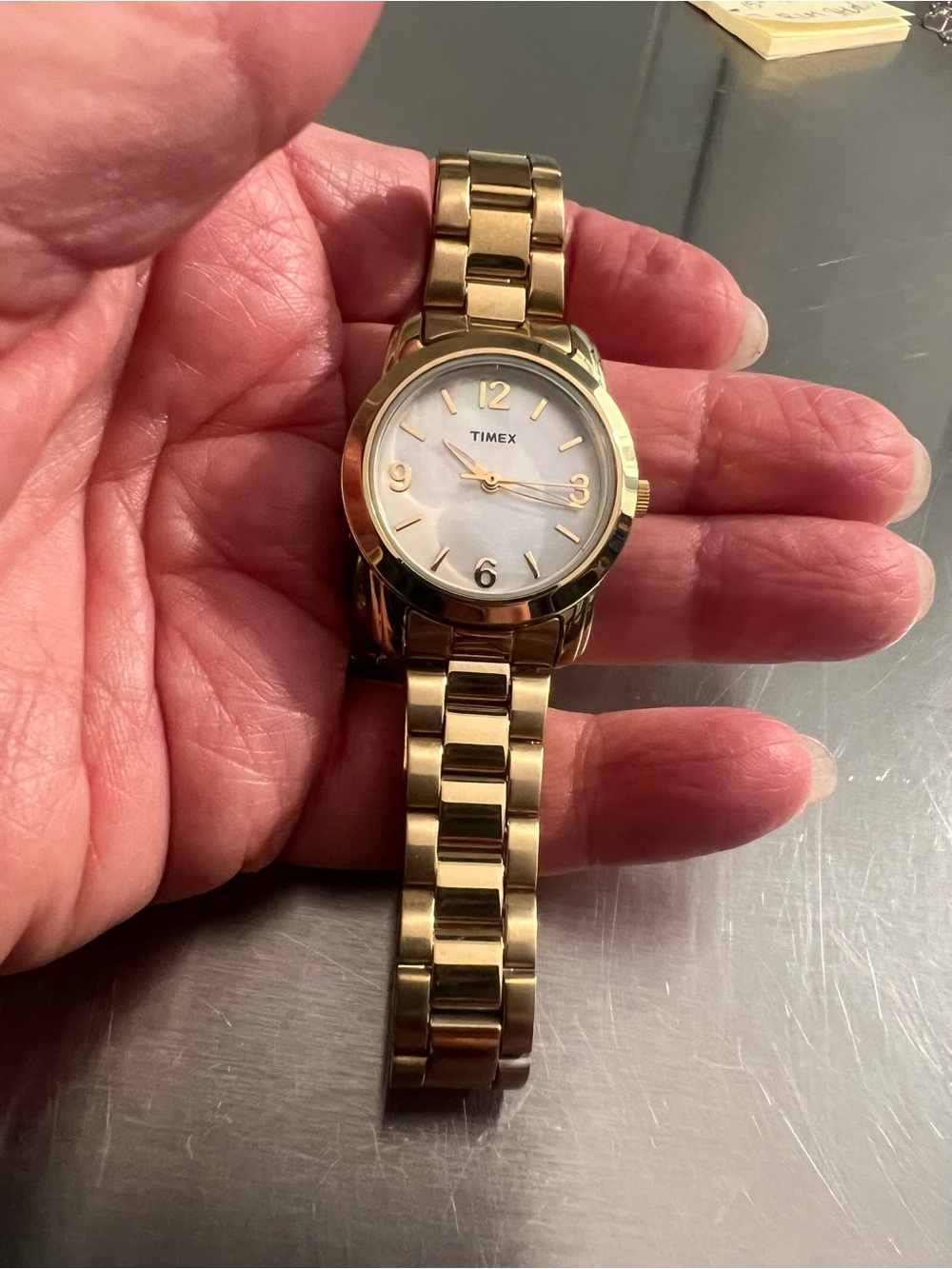 Working Timex Gold Tone Bracelet Watch with Mother-of-Pearl Dial